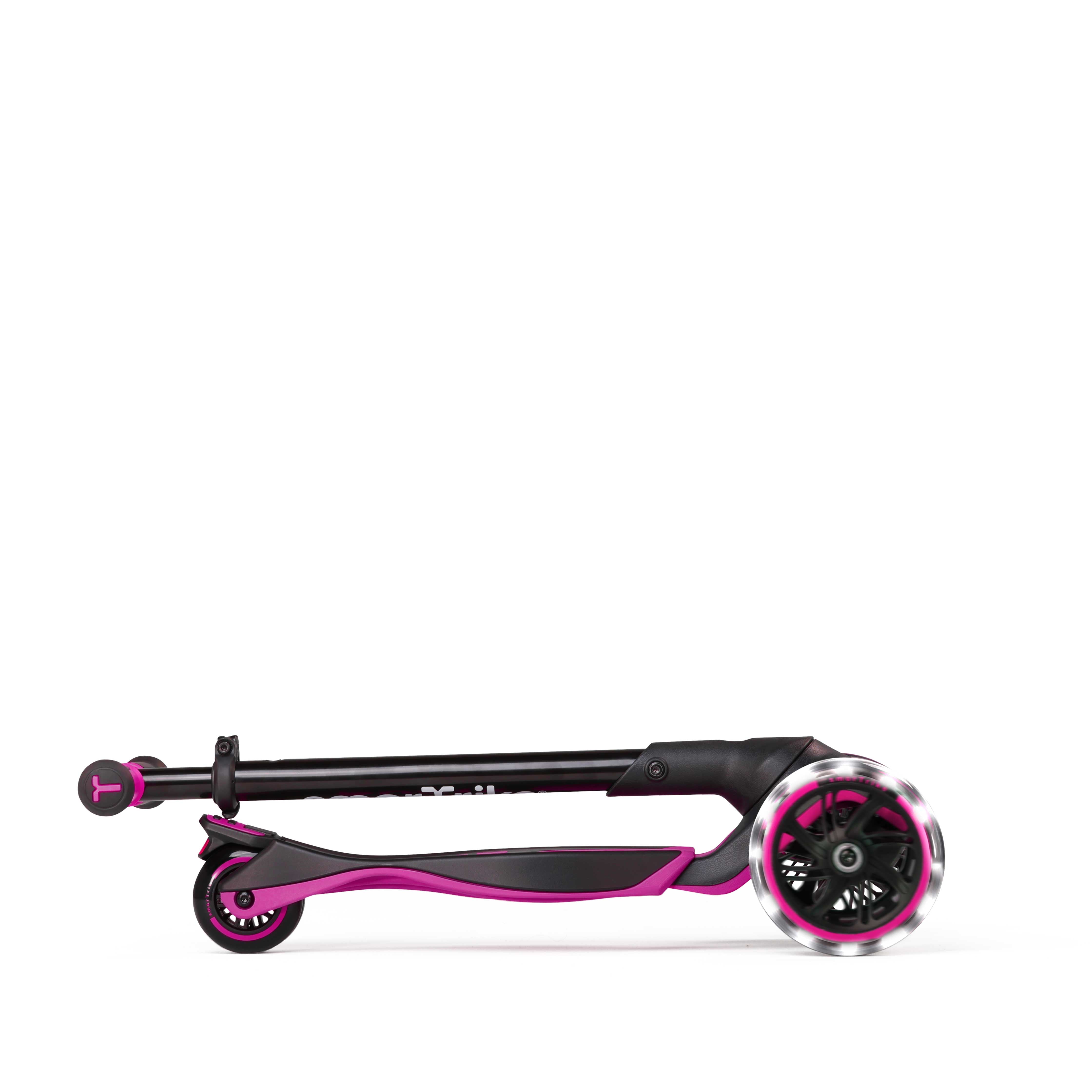Faltbarer Kinder Scooter pink kompakt zusammengeklappt mit LED Rädern leicht transportierbarer Kinderroller