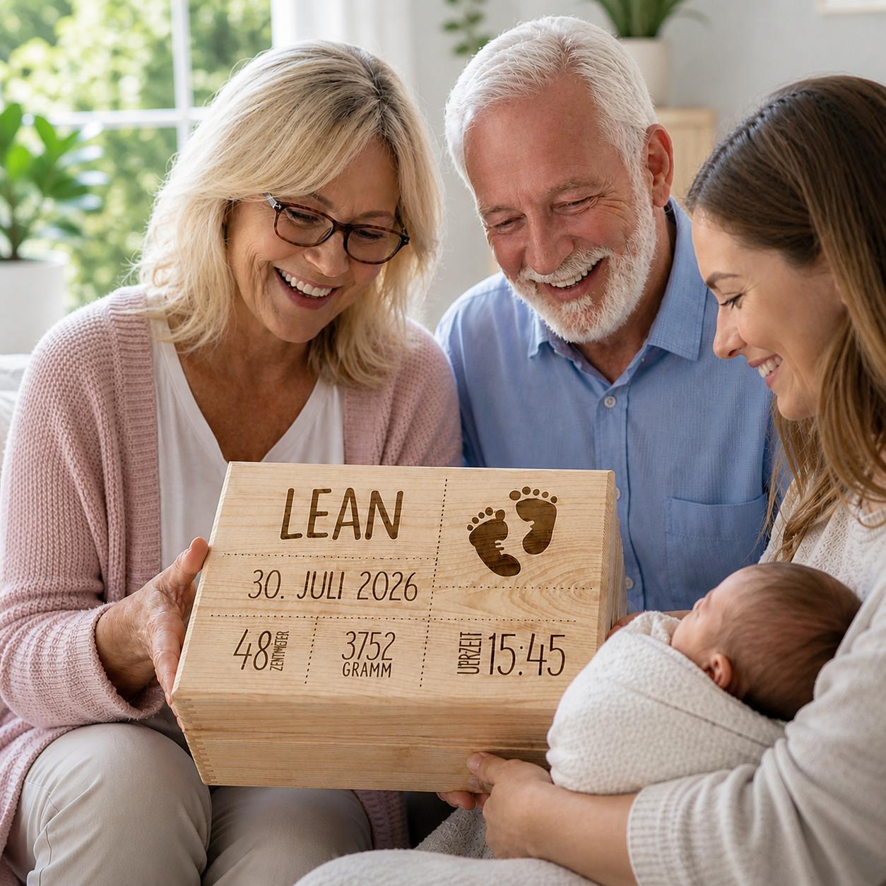 Großeltern schenken personalisiertes Geschenk zur Geburt mit Name und Geburtsdaten 2026 als emotionale Erinnerung für Baby