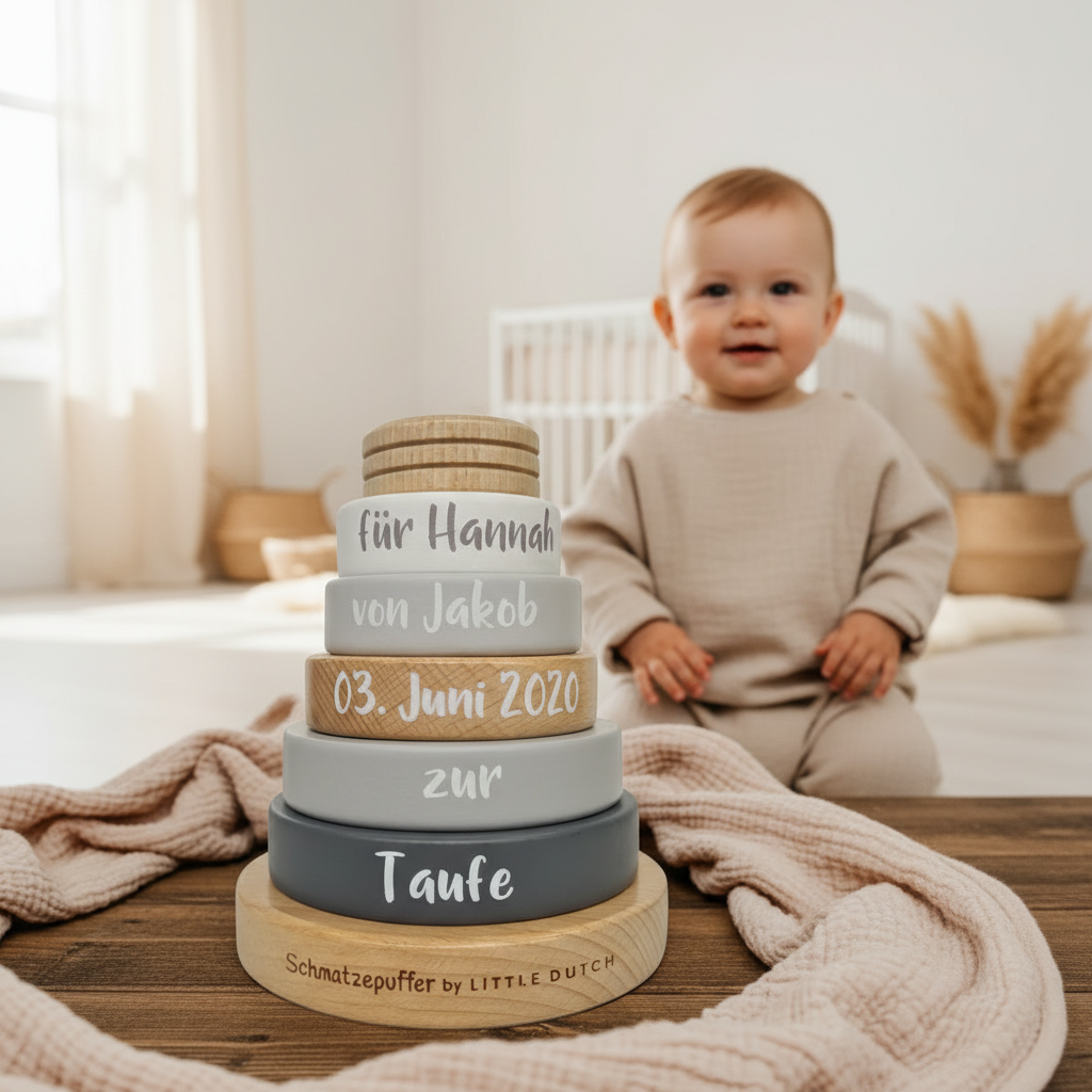 Personalisierter Holz-Stapelturm zur Taufe mit Name und Datum, Baby sitzt im Hintergrund
