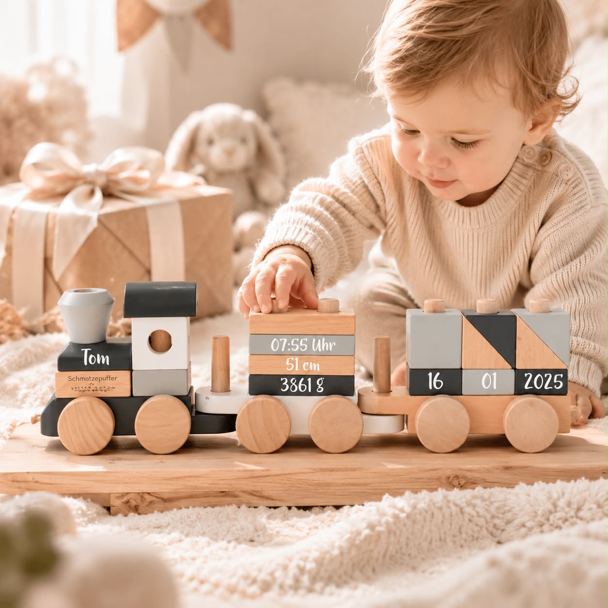 Personalisierter Holzzug zur Geburt mit Name und Geburtsdaten als hochwertiges Babygeschenk und bleibende Erinnerung für Eltern, Großeltern und Familie