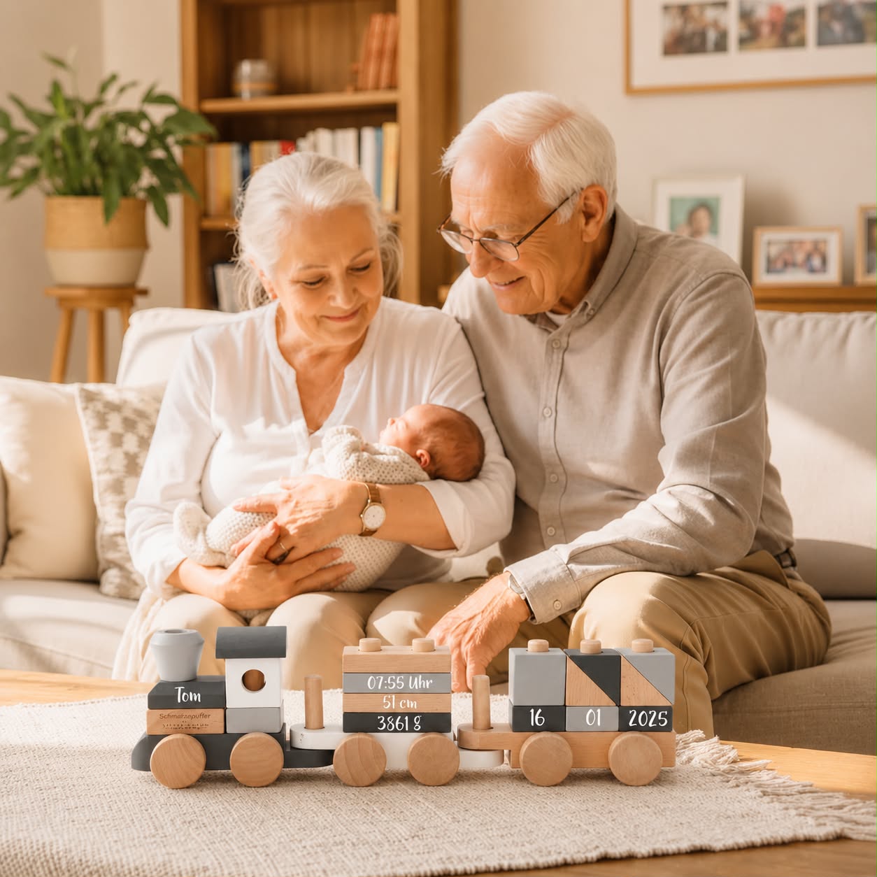 Großeltern mit neugeborenem Baby und personalisiertem Holzzug mit Name und Geburtsdaten. Emotionales Geschenk zur Geburt mit bleibendem Erinnerungswert für Jungen und Mädchen in liebevoller Familienatmosphäre.