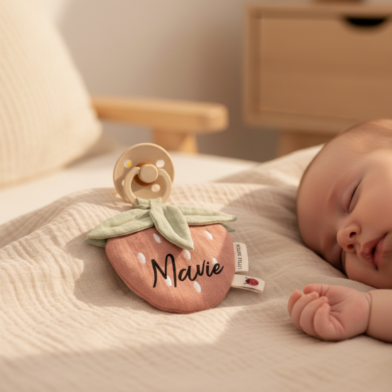 Personalisiertes Babygeschenk mit Name neben schlafendem Neugeborenen als hochwertige Geschenkidee zur Geburt und bleibende Erinnerung für Eltern