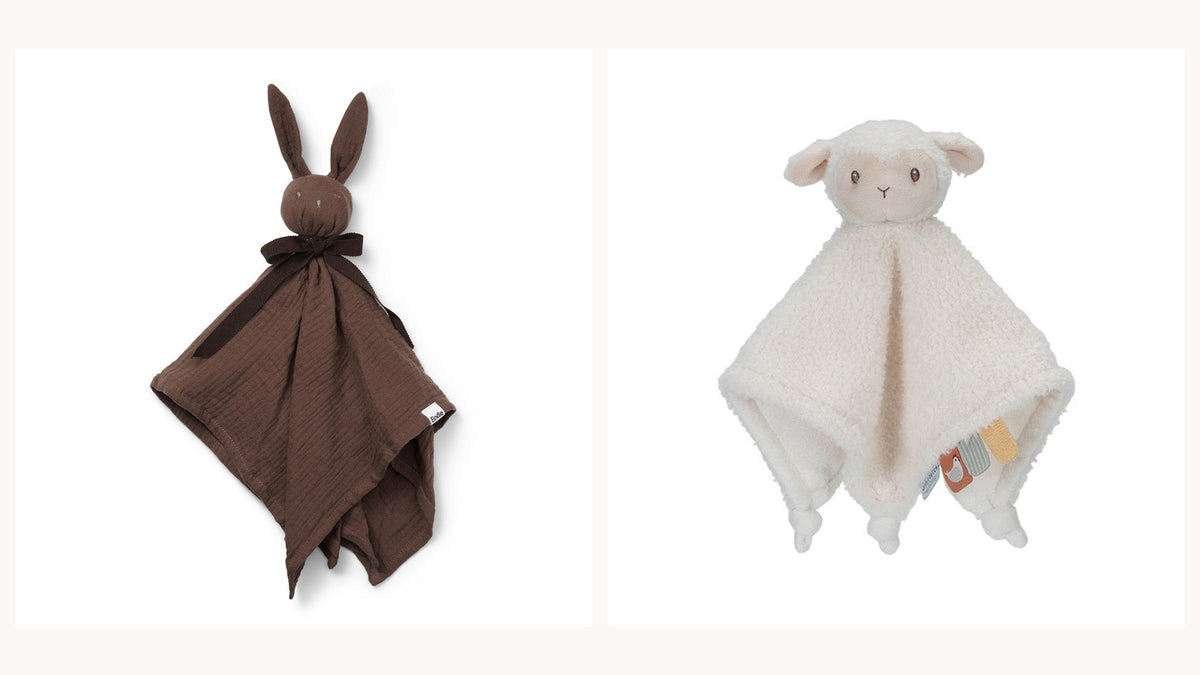Zwei Produktfotos nebeneinander: dunkelbraunes Elodie Blinkie Coco mit Hasenkopf und cremefarbenes Little Dutch Schnuffeltuch mit Schafkopf