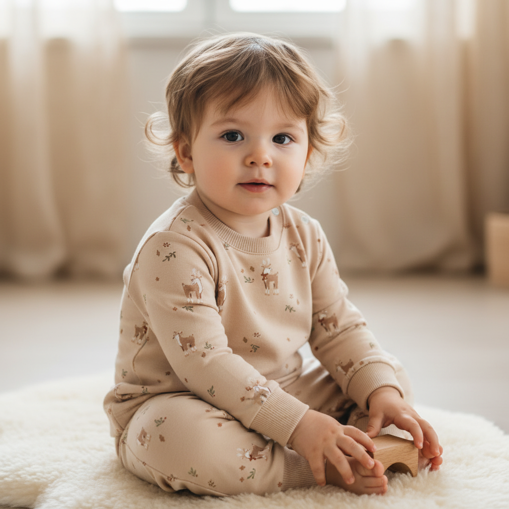 Baby trägt beigen Schlafanzug und sitzt auf dem Boden – gemütliche Baby Kleidung für zuhause