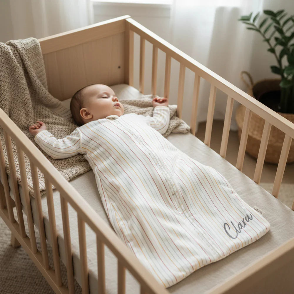Baby schläft im personalisierten Schlafsack mit Name Clara – Geschenk zur Geburt personalisiert