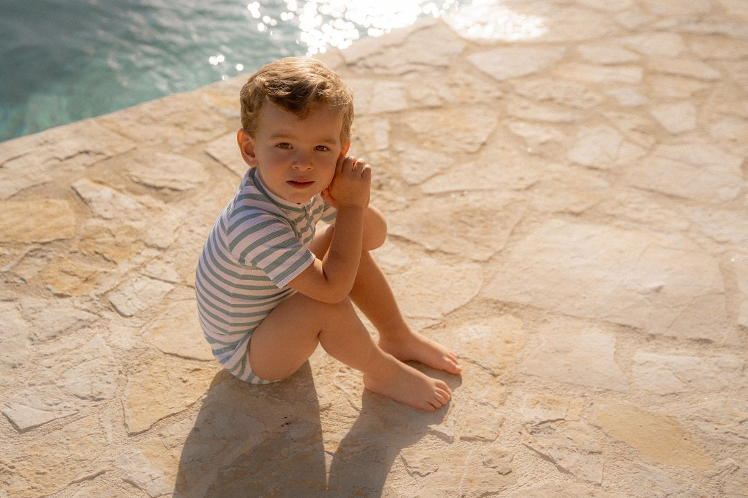 Short-sleeved swim shirt Stripes Surf Blue | Little Dutch