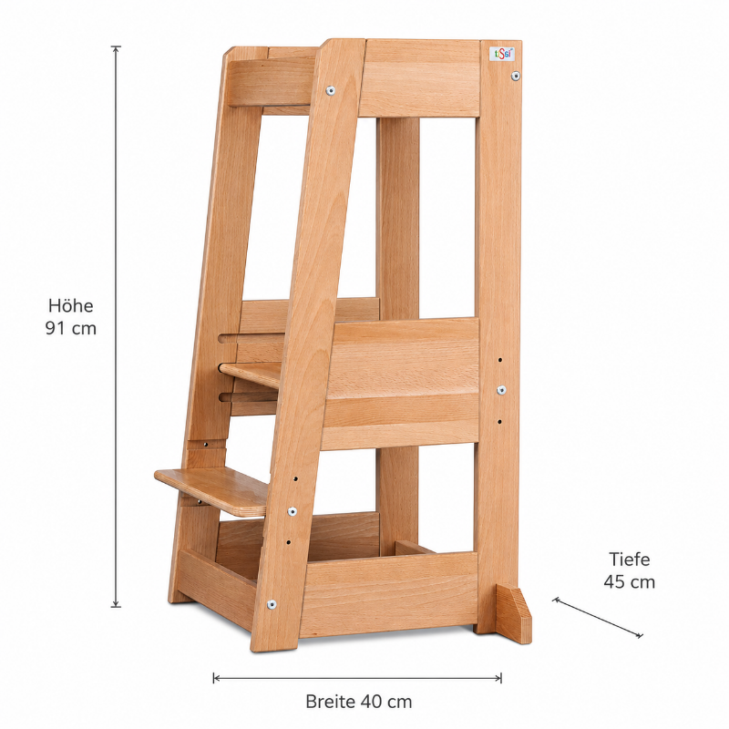 Montessori Lernturm aus Holz Natur 91 cm hoch. Sicherer Küchenhelfer für Kinder nach Montessori-Prinzip zum selbstständigen Lernen und Mithelfen im Familienalltag.