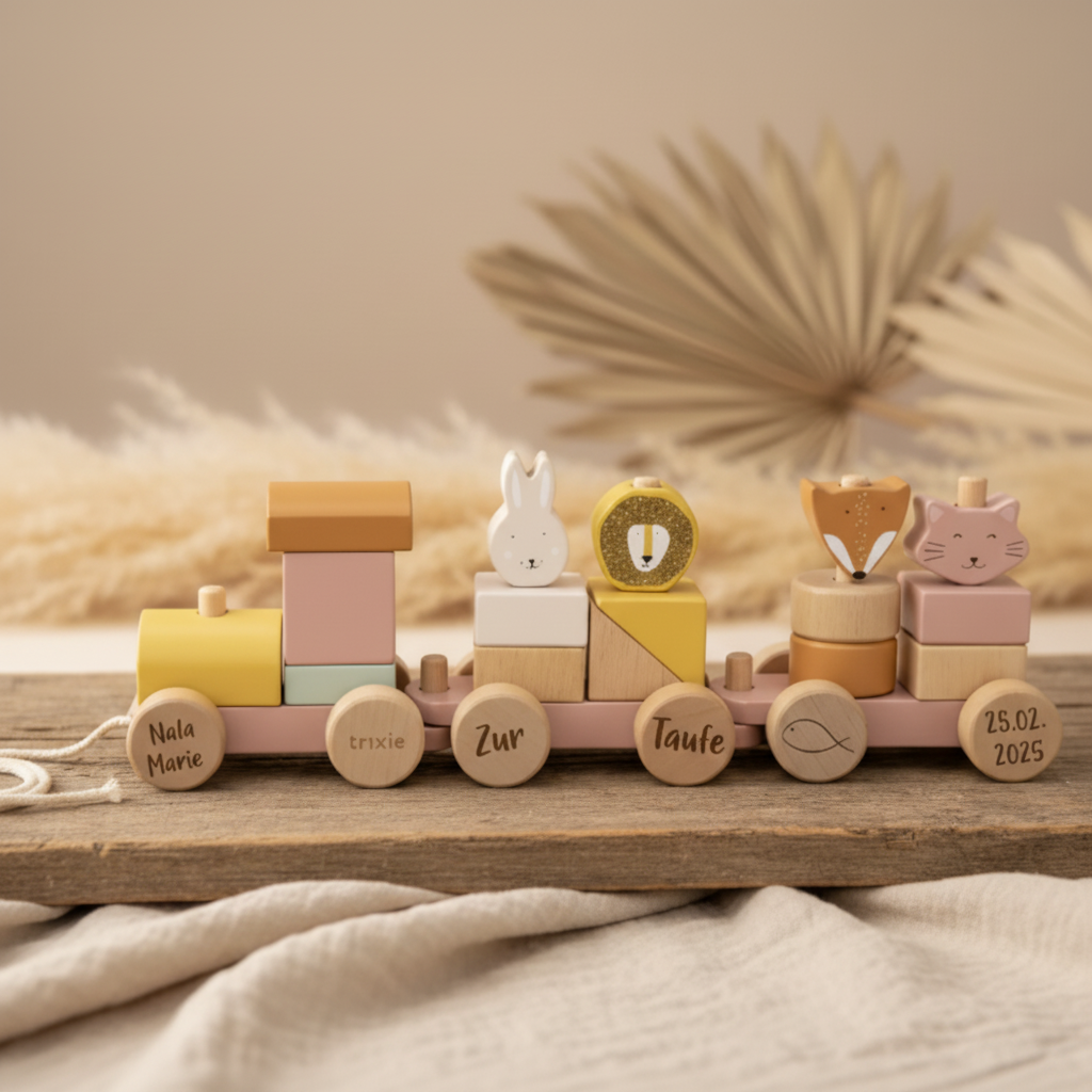 Personalized Wooden Train Animals Mrs. Cat - Gift for Christening | Schmatzepuffer