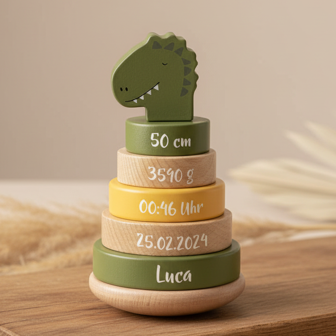 Tour de tri personnalisée en bois Monsieur Dino – Cadeau de naissance | Schmatzepuffer