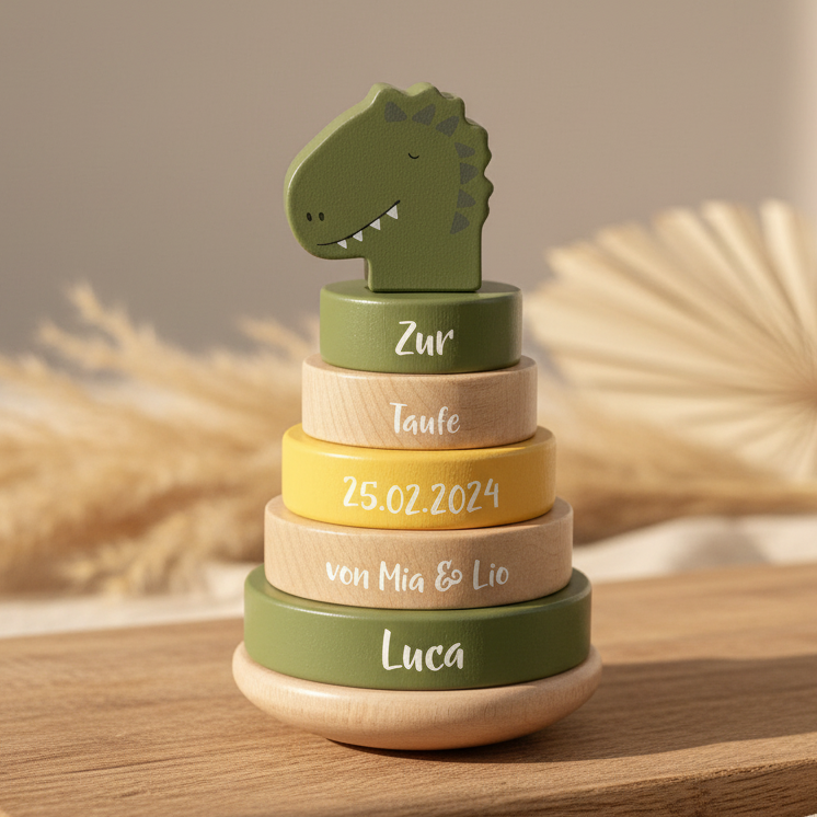 Tour de cubes en bois Monsieur Dino – Cadeau de baptême | Schmatzepuffer