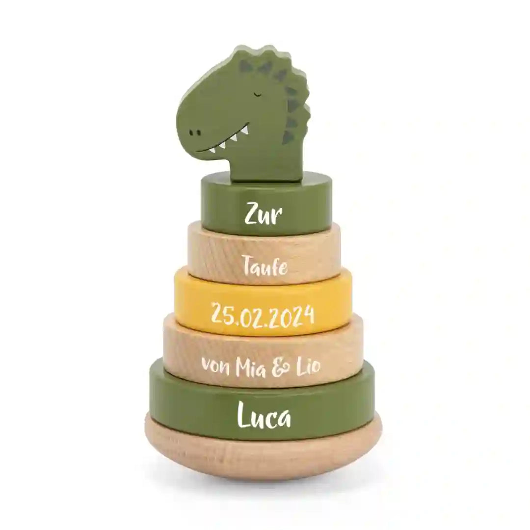 Tour de cubes en bois Monsieur Dino – Cadeau de baptême | Schmatzepuffer