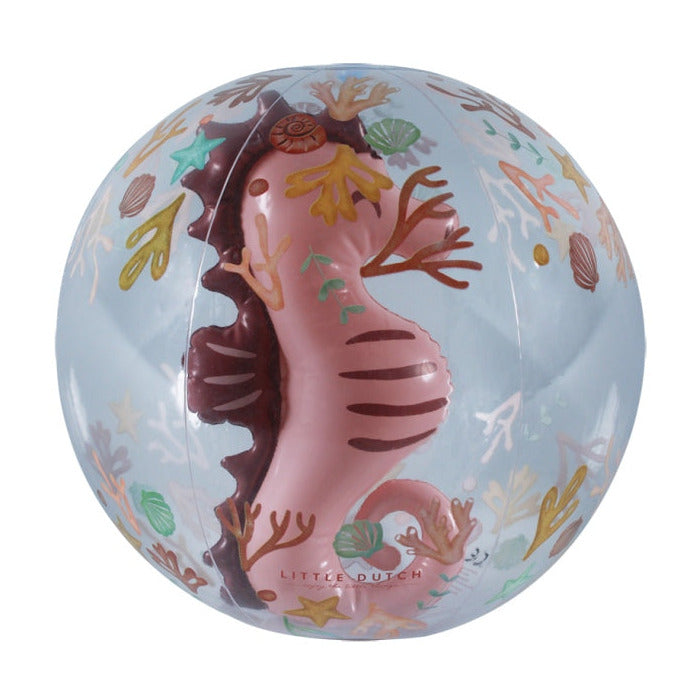 3D Strandball Ocean Dreams Pink mit transparentem Design und großem Seepferdchen im Inneren. Der aufblasbare Strandball mit 35 cm Durchmesser eignet sich ideal für Pool, Strand, Garten und sommerlichen Spielspaß mit Kindern.