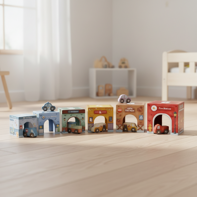 Cubes à empiler avec voitures pour univers de jeux de train en bois | Schmatzepuffer