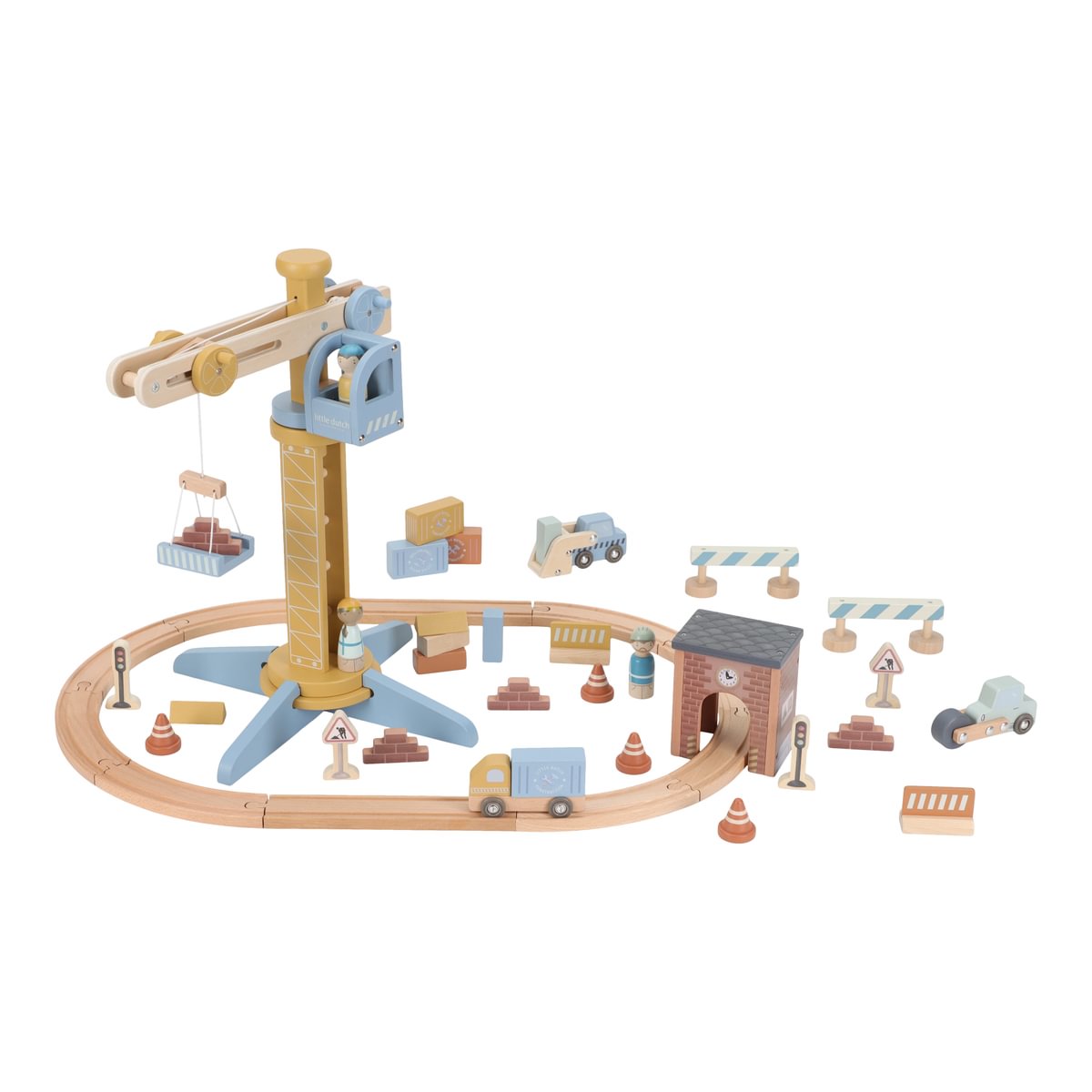 Set de jeu grue de chantier en bois pour chemins de fer en bois | Schmatzepuffer