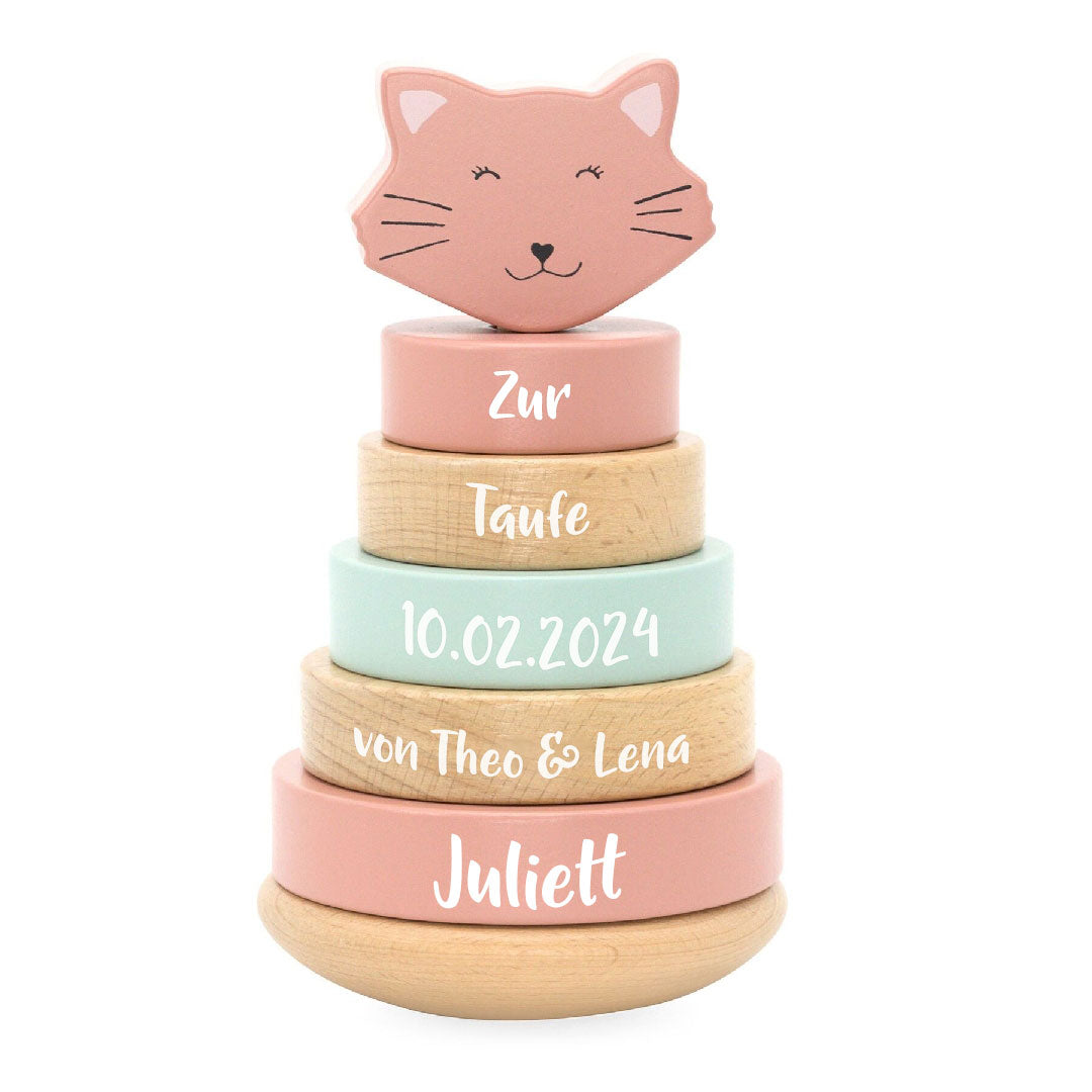 Tour de cubes à empiler en bois Chatte – Cadeau de baptême | Schmatzepuffer