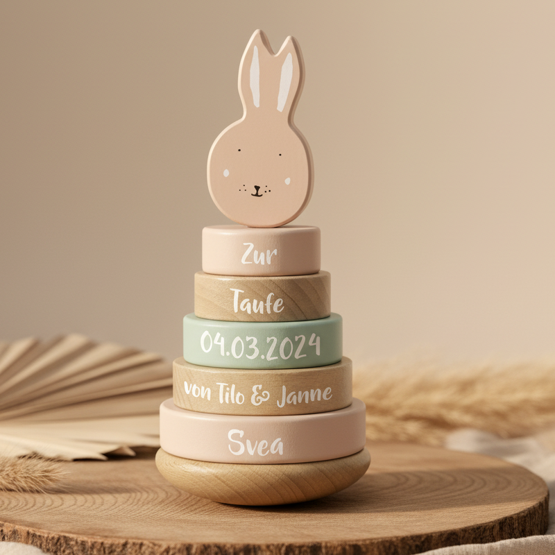 Tour empilable en bois Madame Lapin – Cadeau de baptême | Schmatzepuffer