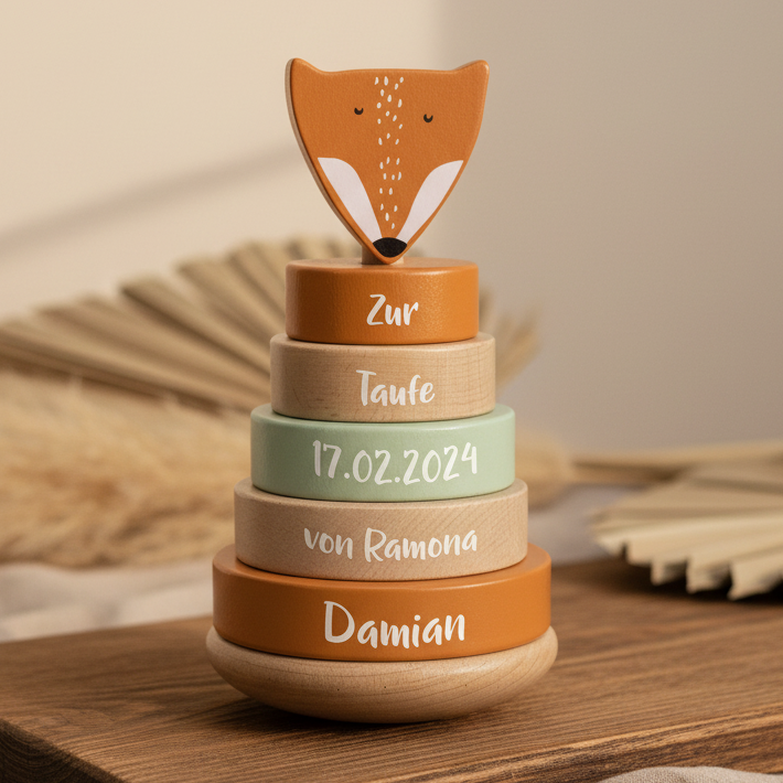 Tour à empiler en bois Monsieur Renard – Cadeau de baptême | Schmatzepuffer