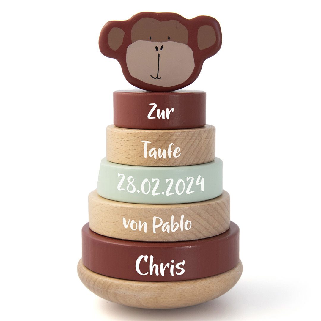 Tour à empiler en bois Monsieur le Singe – Cadeau de baptême | Schmatzepuffer