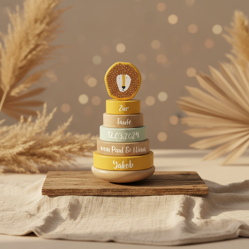 Stacking Tower Wooden Mr. Lion – Christening Gift | Schmatzepuffer