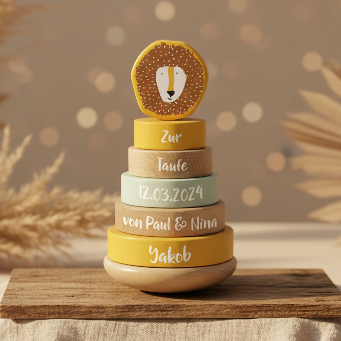 Stacking Tower Wooden Mr. Lion – Christening Gift | Schmatzepuffer