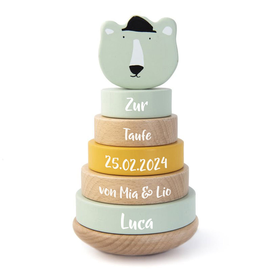 Tour à empiler en bois Monsieur Ours polaire – Cadeau de baptême | Schmatzepuffer
