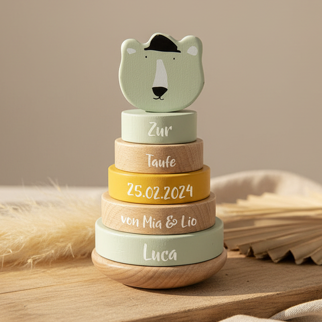 Stapelturm Holz Herr Eisbär – Geschenk zur Taufe | Schmatzepuffer