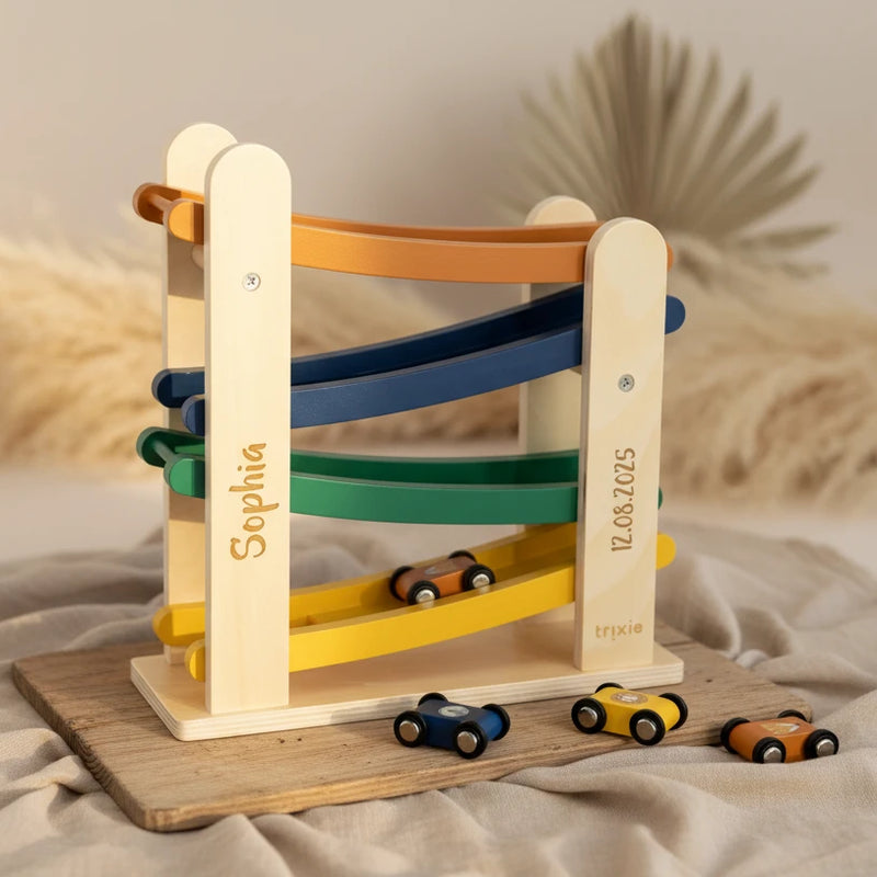 Holz Kugelbahn mit 4 Autos – Motorikspielzeug für Kinder | Schmatzepuffer