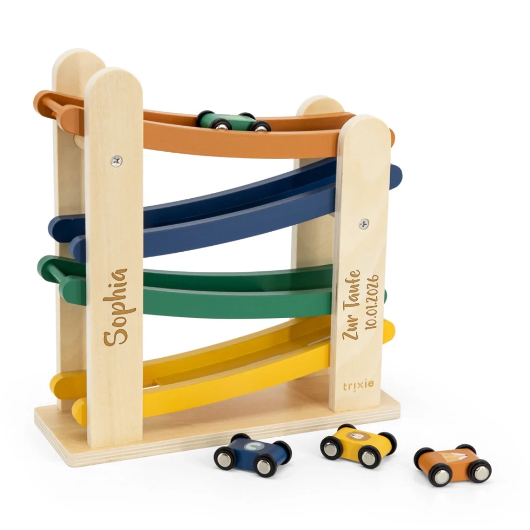 Circuit de billes en bois avec 4 voitures – Cadeau de baptême | Schmatzepuffer