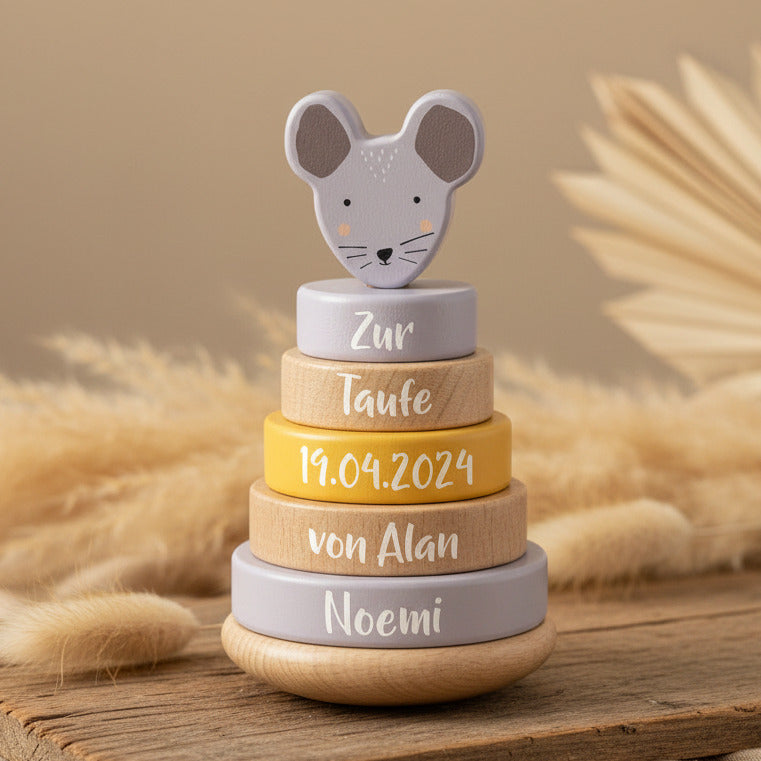 Tour à empiler en bois Madame Souris – Cadeau de baptême | Schmatzepuffer