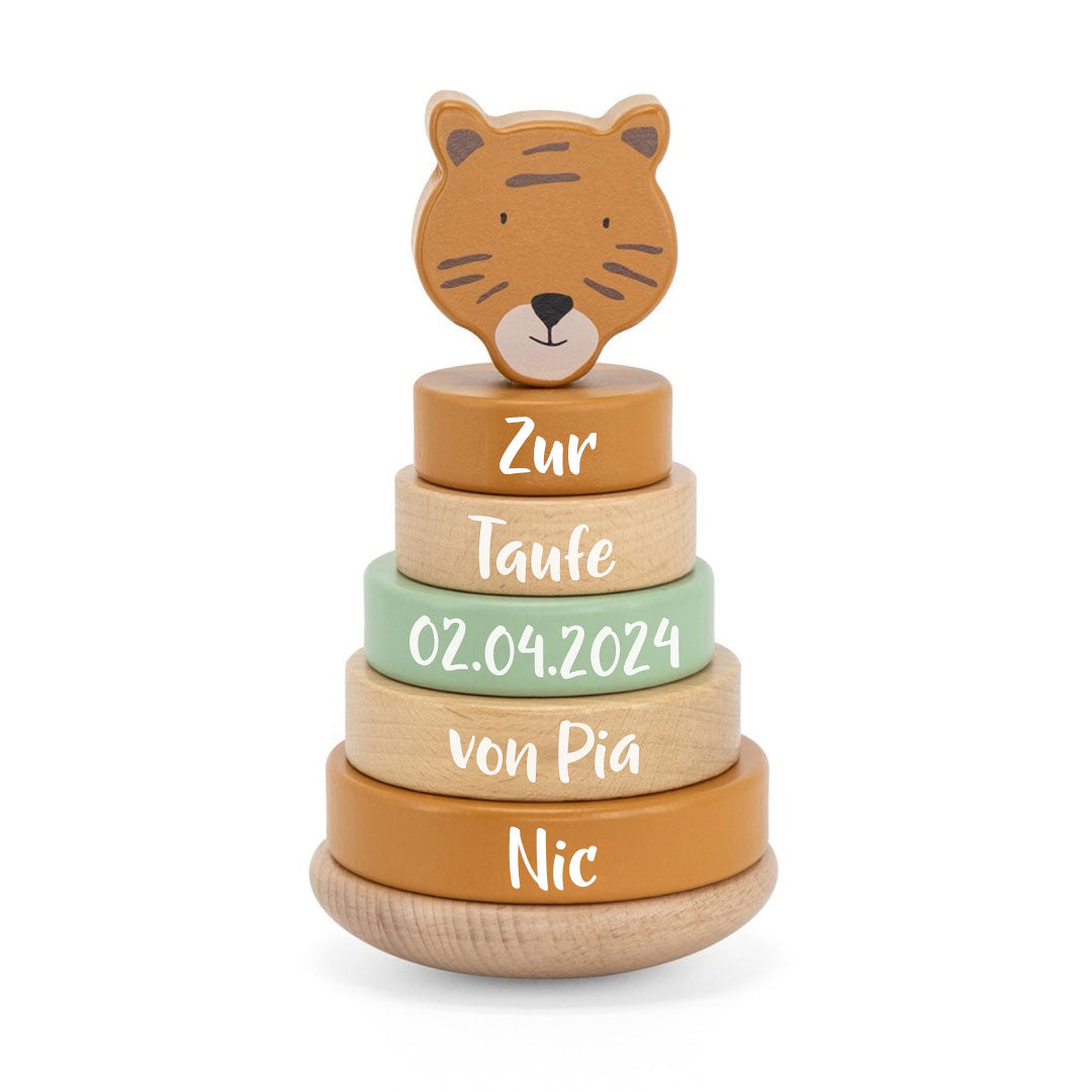 Tour à empiler en bois Monsieur Tigre – Cadeau de baptême | Schmatzepuffer