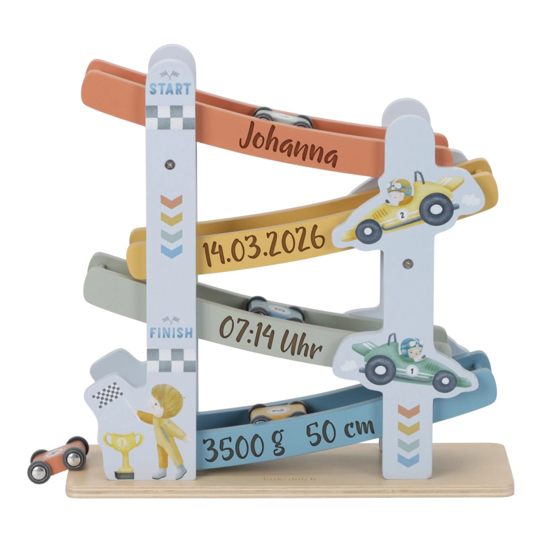 Personalized wooden race track for birth - special gift for children