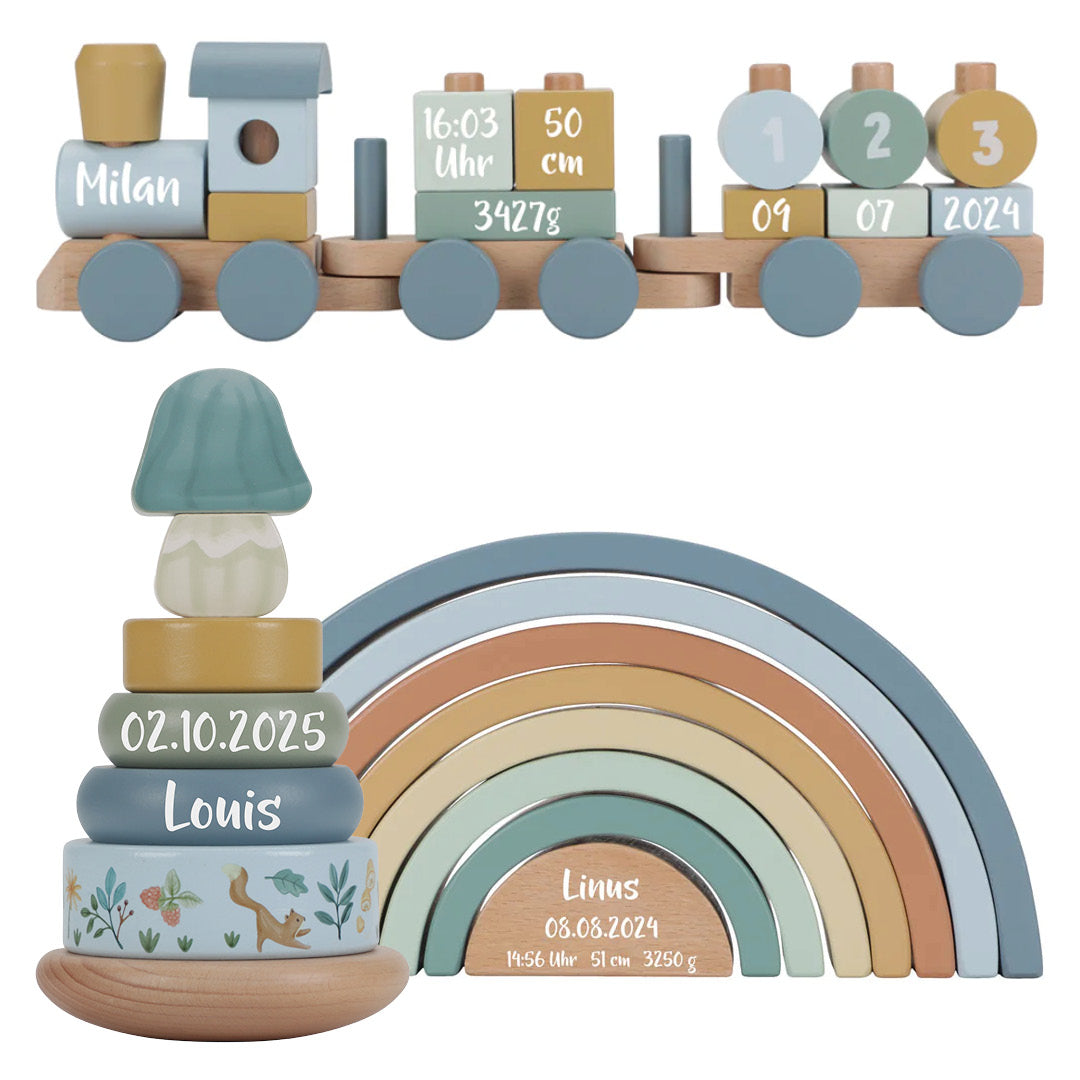 Coffret cadeau personnalisé en bois - Train - Tour à empiler - Arc-en-ciel - Cadeau de naissance