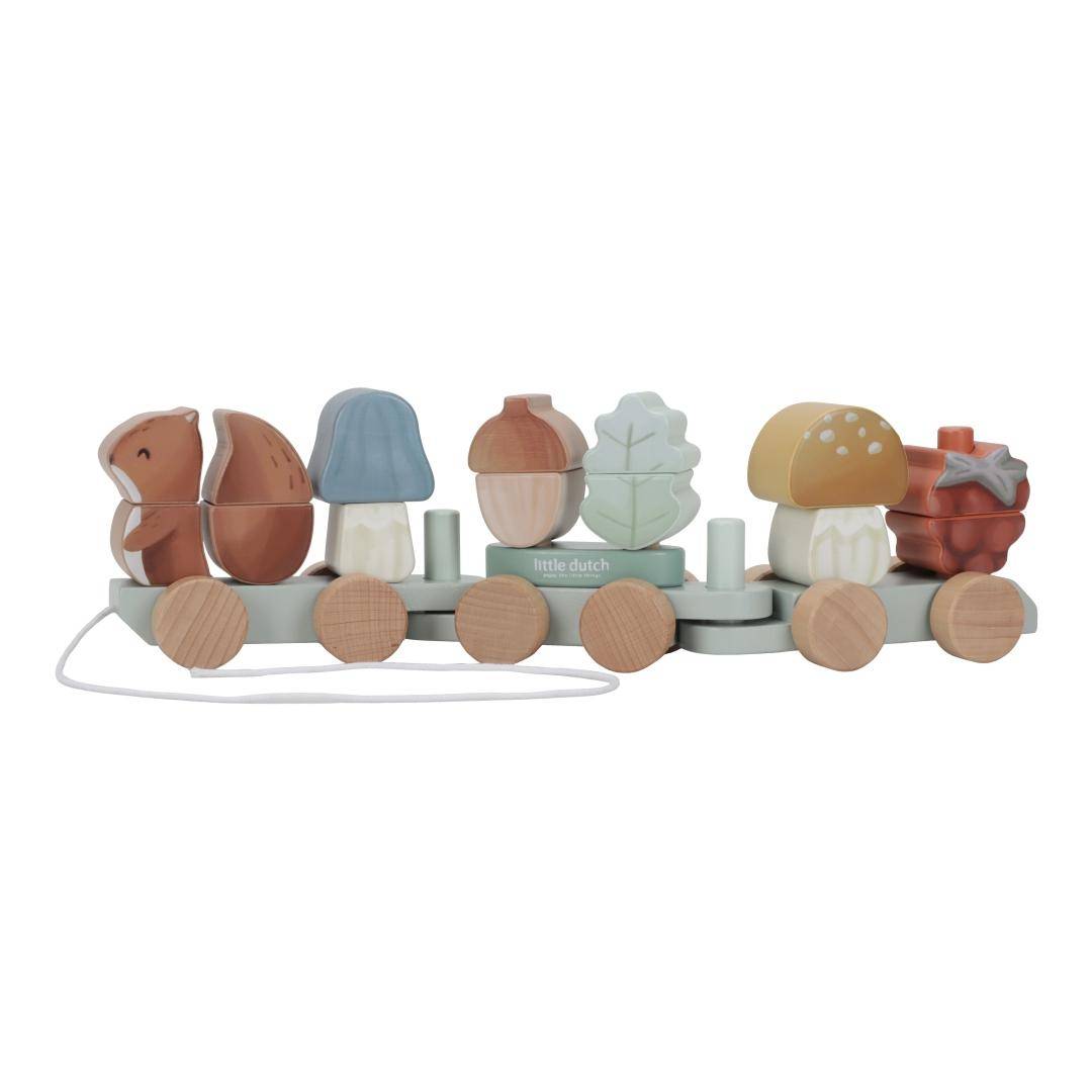The Holz-Zug Eichhörnchen Forest Friends "Zur Taufe" by Little Dutch is a wooden toy train with pastel forest-themed blocks—squirrel, mushroom, leaf, acorn, strawberry—plus light wood wheels and pull string.