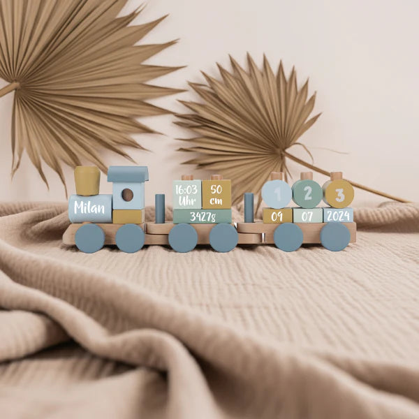 Coffret cadeau personnalisé en bois - Train - Tour à empiler - Arc-en-ciel - Cadeau de naissance