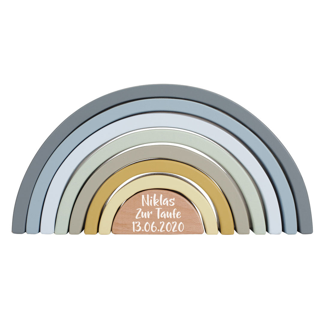 Personalisierter Stapelturm Regenbogen Blau zur Taufe – Geschenk aus Holz | Schmatzepuffer