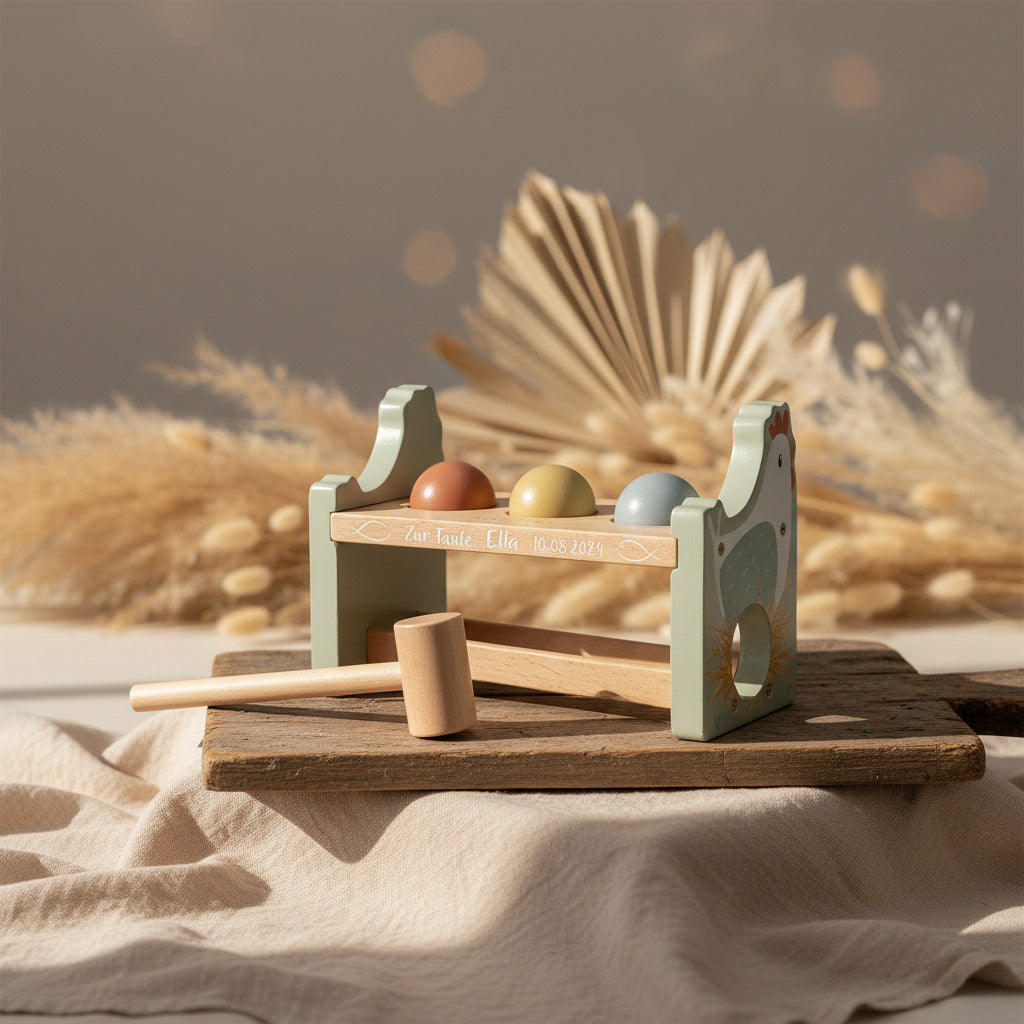 Banc à marteler avec billes Little Farm "Pour le baptême"