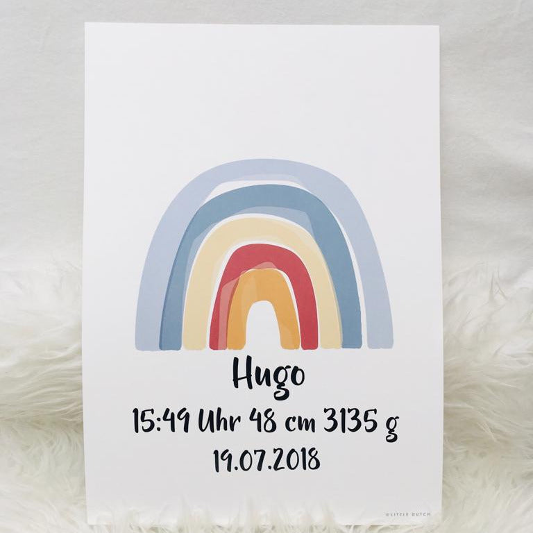 Affiche de naissance personnalisée avec prénom – Décoration de chambre de bébé arc-en-ciel