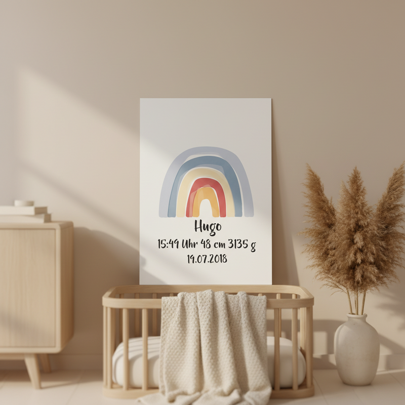 Affiche de naissance personnalisée avec prénom – Décoration de chambre de bébé arc-en-ciel