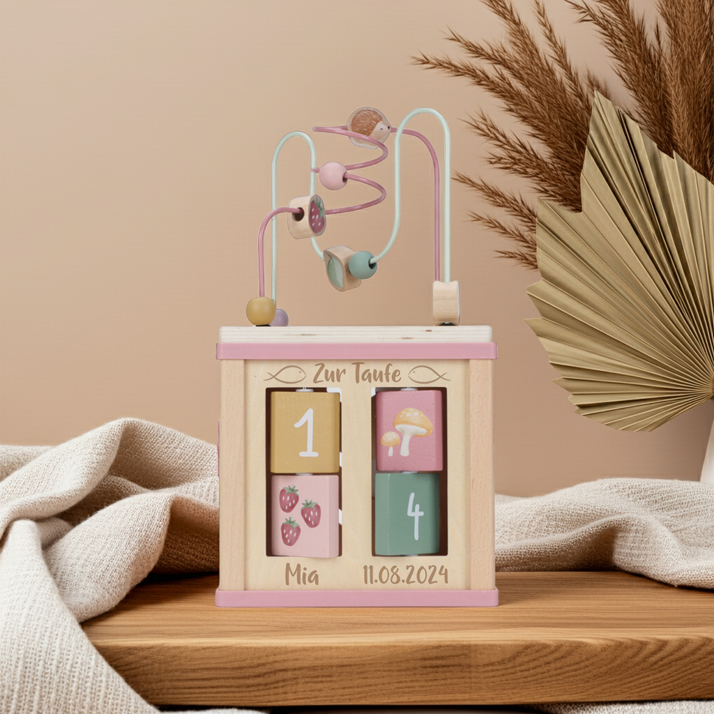 Motorikwürfel Fairy Garden aus Holz – Geschenk zur Taufe | Schmatzepuffer