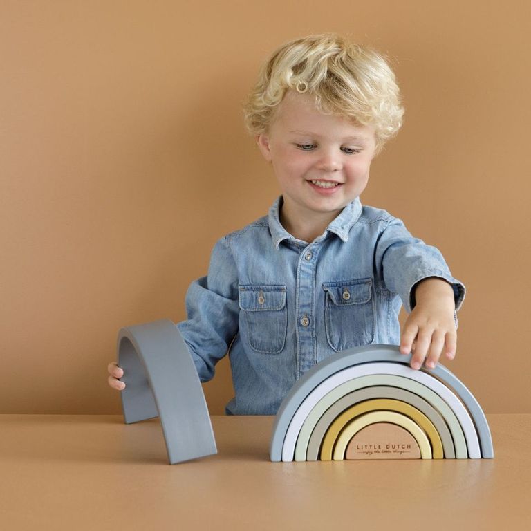 Personalisierter Stapelturm Regenbogen Blau zur Taufe – Geschenk aus Holz | Schmatzepuffer