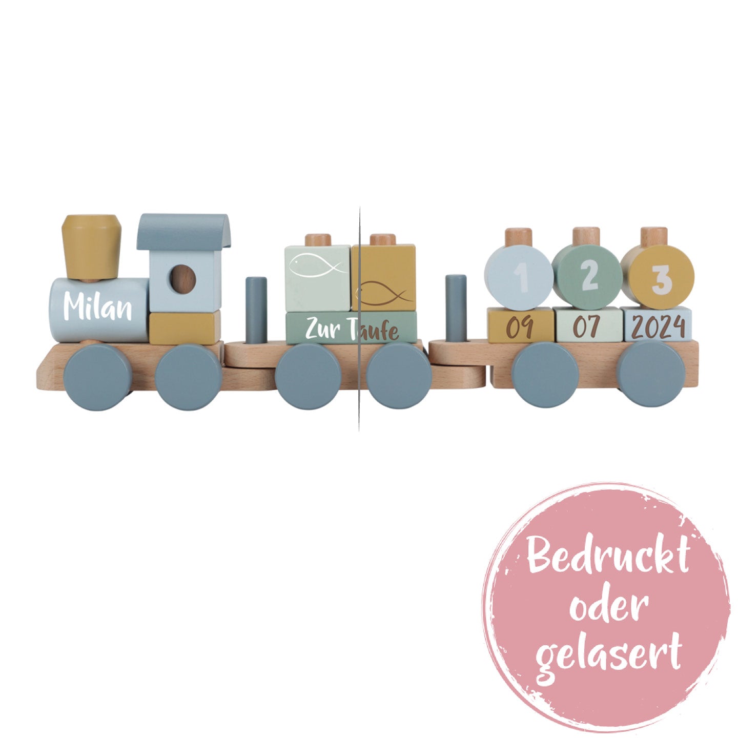 Personalisierter Holz-Zug Forest Friends - Geschenk zur Taufe