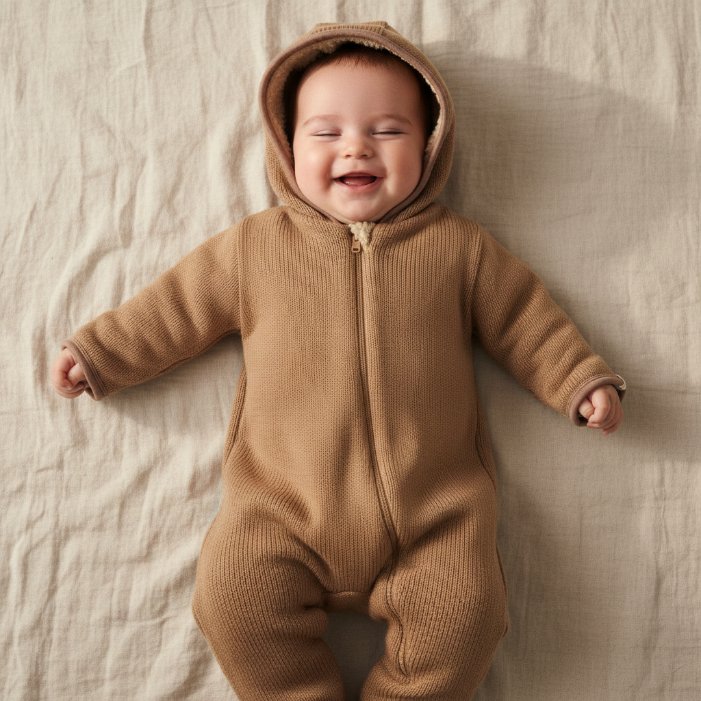 Barboteuse en tricot à capuche, marron | Little Dutch