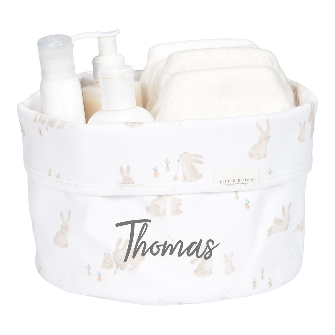 Panier de toilette personnalisé Bébé Lapin avec prénom – Rond en coton