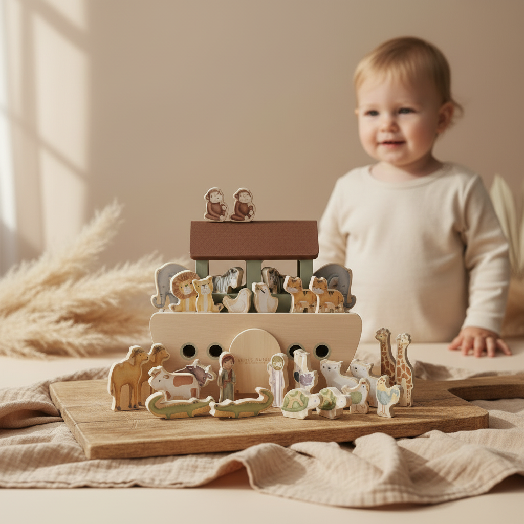 Arche Noah Holzspielzeug mit Tieren – Geschenk zur Geburt oder Taufe – Schmatzepuffer