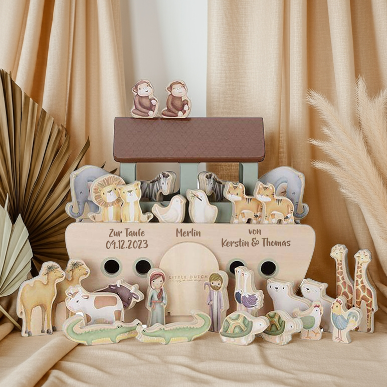Personalisierte Arche Noah aus Holz mit Tierfiguren – Taufgeschenk mit Name, Datum und Lasergravur