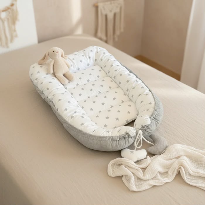 Wendbares Baby Bettnest mit Sternenmuster von tiSsi in sanften Naturfarben – liebevolle Baby-Erstausstattung bei Schmatzepuffer
