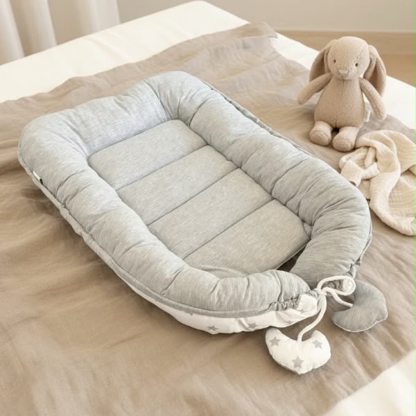 Wendbares Baby Bettnest von tiSsi in sanften Grau- und Naturtönen auf einem Bett – hochwertige Baby-Erstausstattung bei Schmatzepuffer