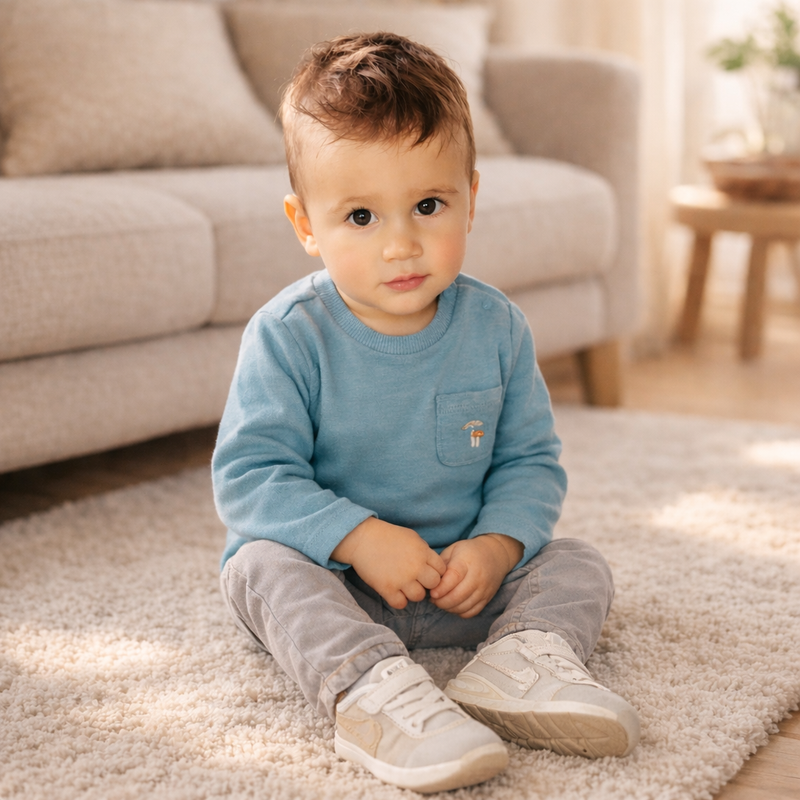 Kleiner Junge trägt ein blaues Oberteil mit grauer Hose und Sneakern und sitzt auf einem weichen Teppich in einem gemütlichen Wohnzimmer