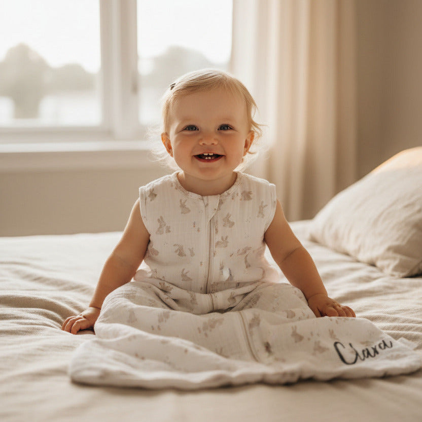 Blondes Baby mit Locken im personalisierten Sommerschlafsack mit Namen – kuscheliger Babyschlafsack für warme Nächte