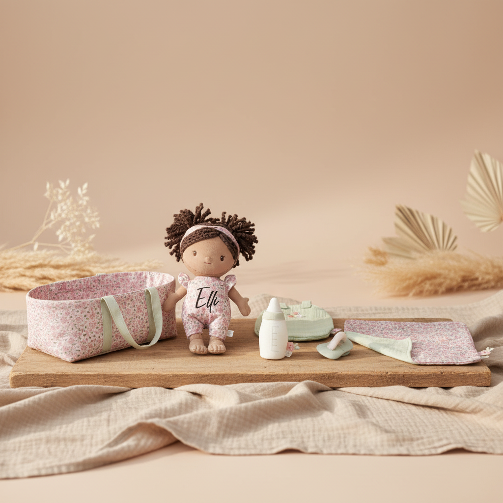 Personalisiertes Babygeschenk mit Puppe, Wickeltasche und Accessoires in warmen Naturfarben – liebevolles Geschenk zur Geburt eines Mädchens